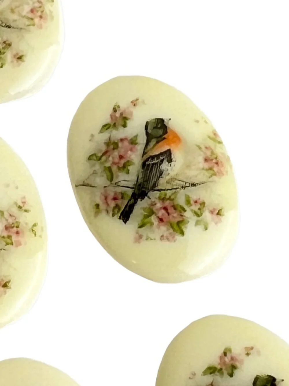Vintage Style Litho Bird Acrylic Cabochons 25x18 mm - Destash Lot of 8
